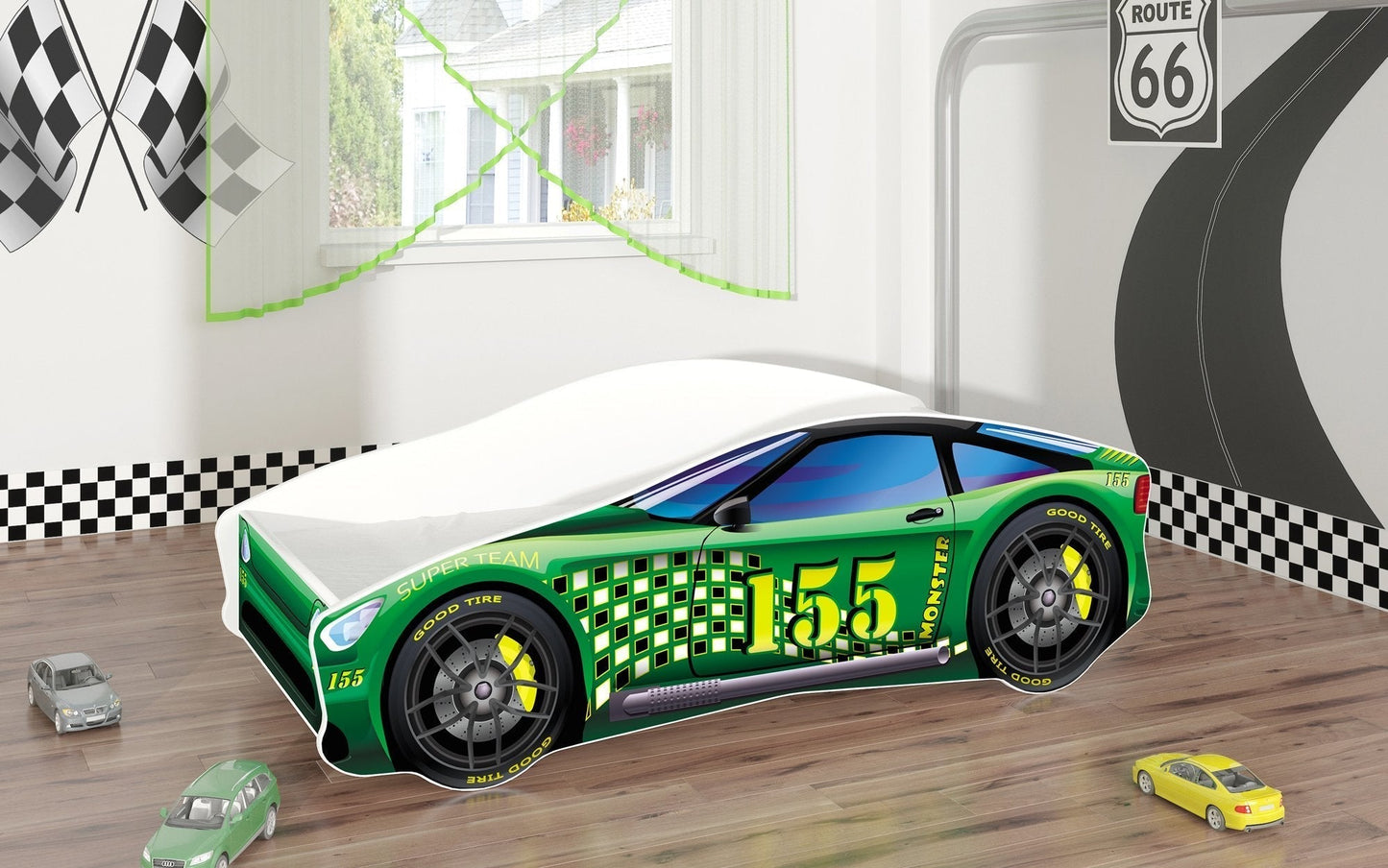 Lit Rider pour enfant en forme de voiture et motifs imprimés colorés