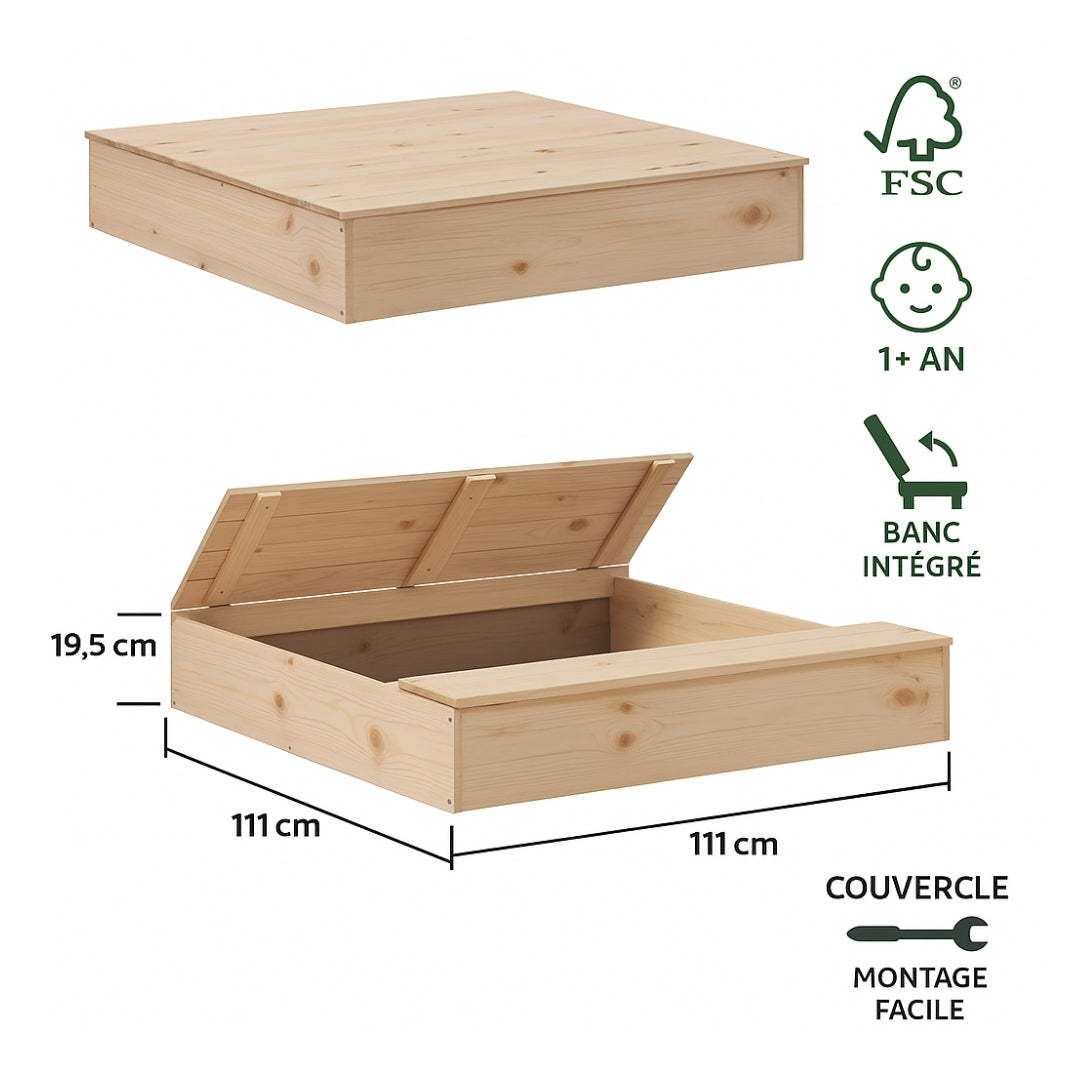 Bac à sable en bois massif avec couvercle – Éveil Montessori pour enfants de 1 à 6 ans au jardin