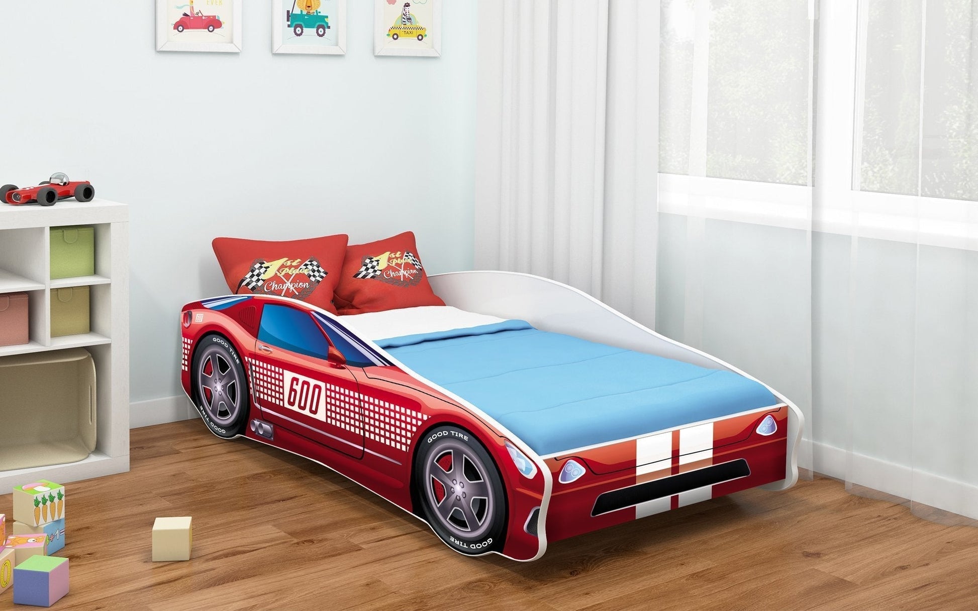 Lit Rider pour enfant en forme de voiture et motifs imprimés colorés