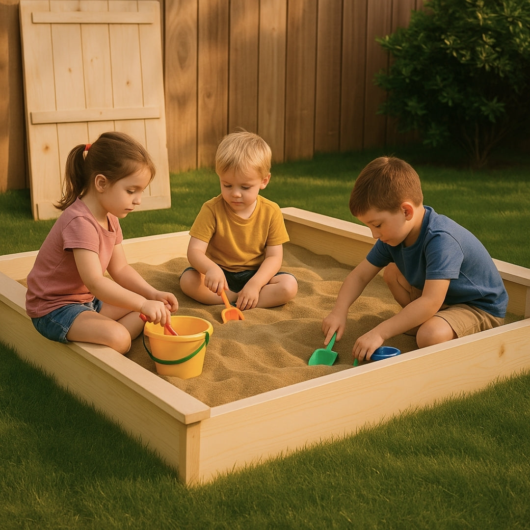 Bac à sable en bois massif avec couvercle – Éveil Montessori pour enfants de 1 à 6 ans au jardin