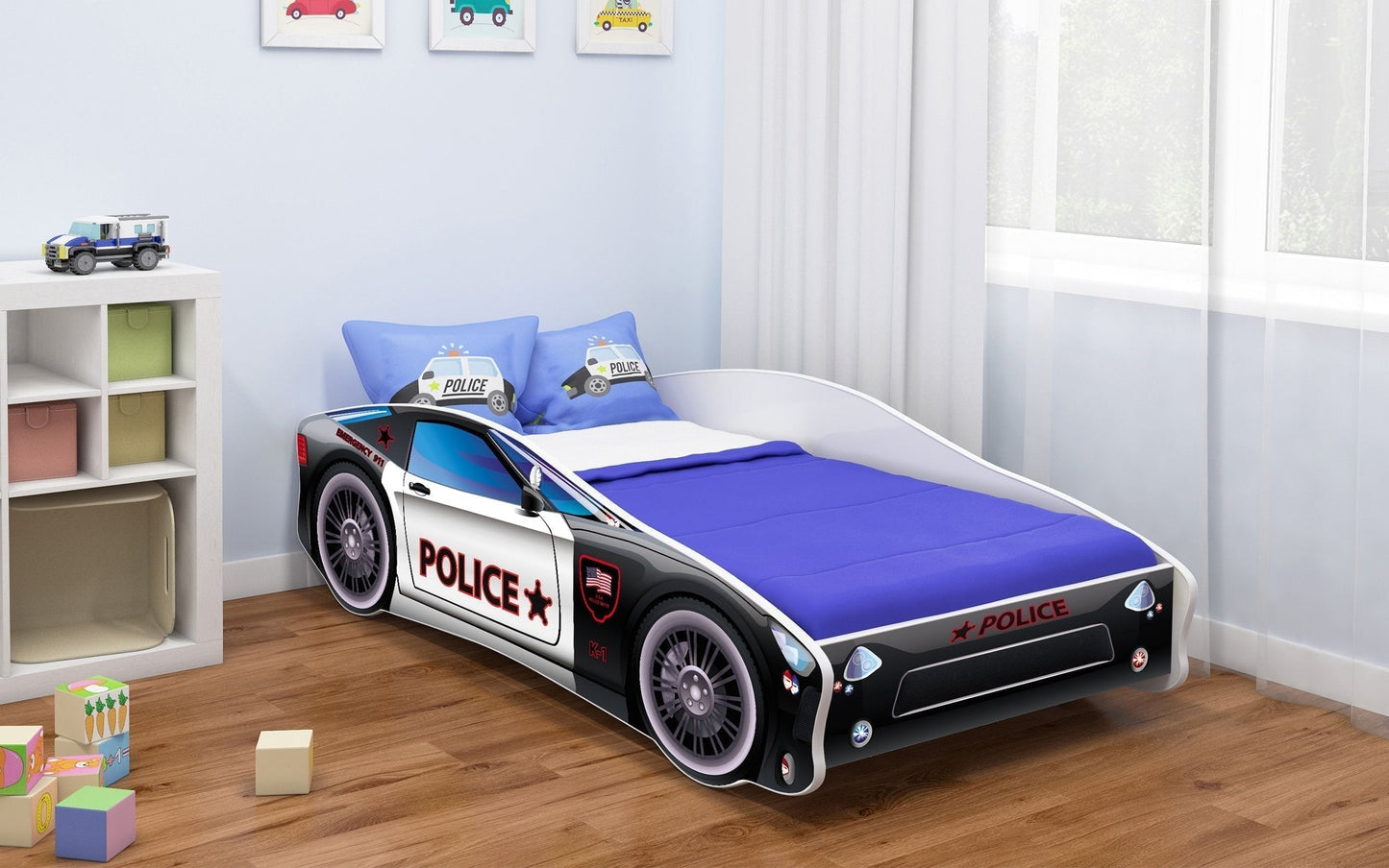 Lit Rider pour enfant en forme de voiture et motifs imprimés colorés