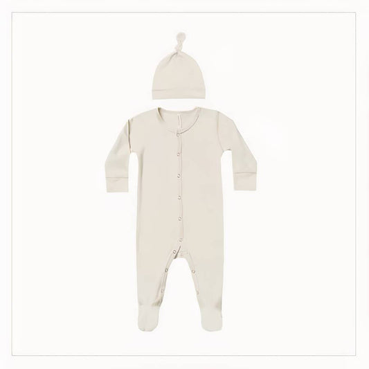 Barboteuse en coton biologique pour nouveau-né avec bonnet assorti