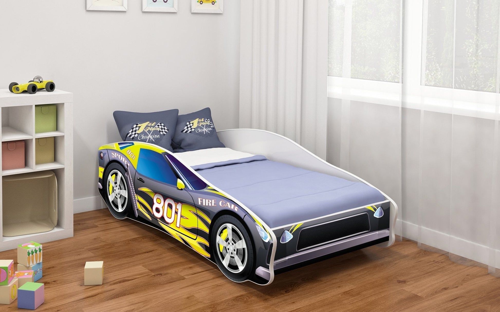 Lit Rider pour enfant en forme de voiture et motifs imprimés colorés
