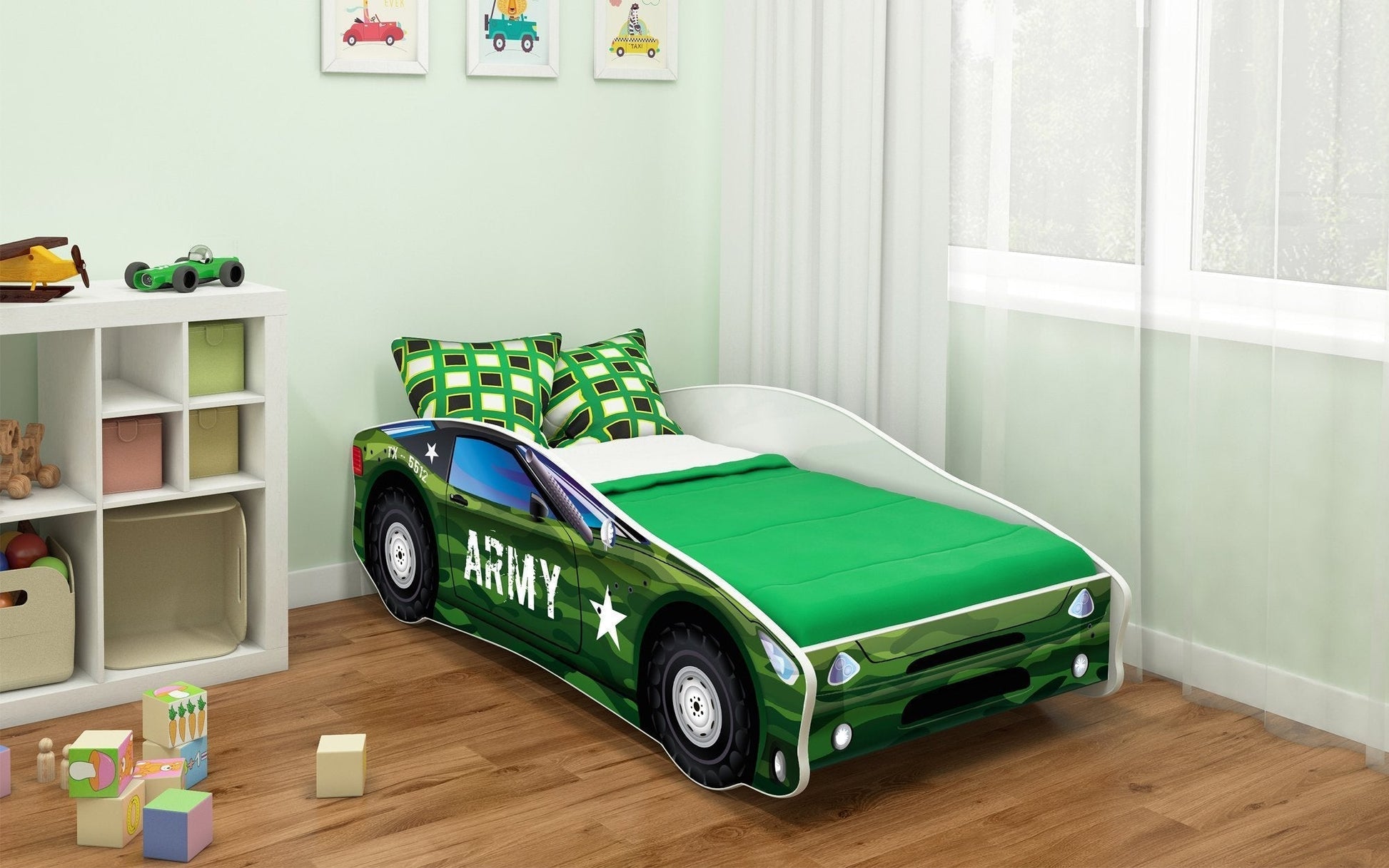 Lit Rider pour enfant en forme de voiture et motifs imprimés colorés