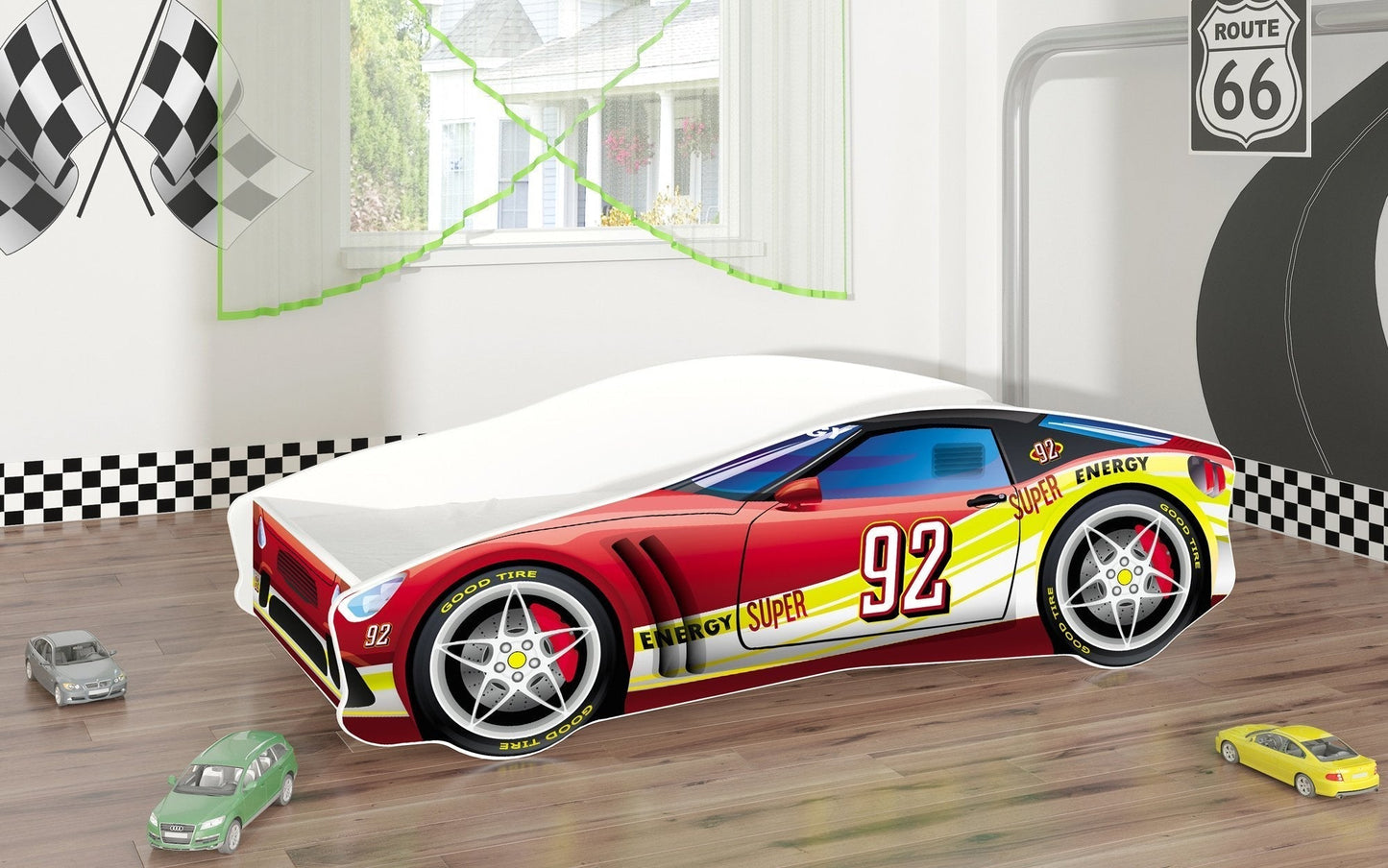 Lit Rider pour enfant en forme de voiture et motifs imprimés colorés