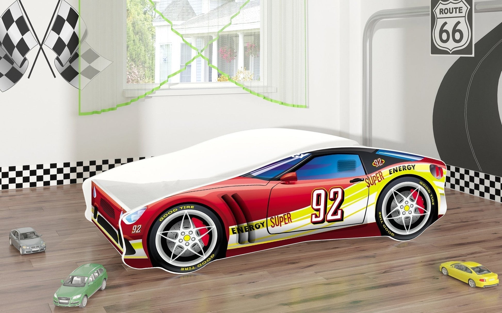 Lit Rider pour enfant en forme de voiture et motifs imprimés colorés