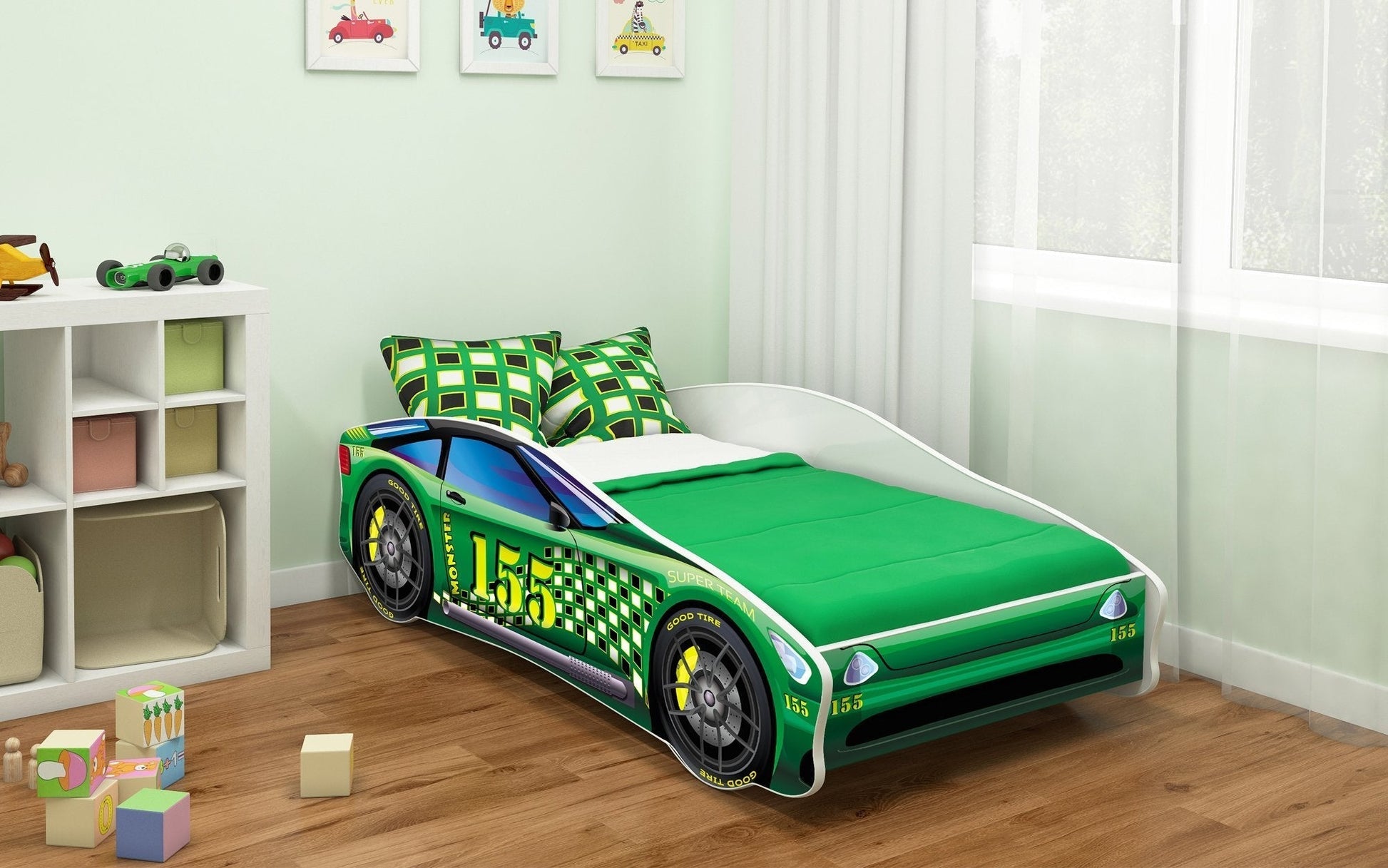 Lit Rider pour enfant en forme de voiture et motifs imprimés colorés
